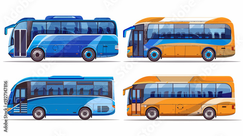 Four stylized illustrations of passenger buses, featuring various colors and designs, for transportation