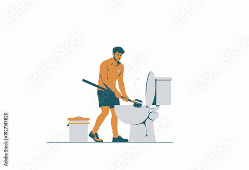 Illustration of a Person in Uniform Cleaning a Toilet with a Brush in a Brightly Lit Bathroom Setting