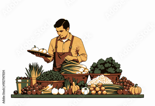 Man in apron selecting fresh vegetables at colorful market stand with a variety of produce including tomatoes, onions, leafy greens, and pumpkins