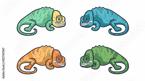 Four stylized chameleons in varying colors on a white background, illustrated and vibrant