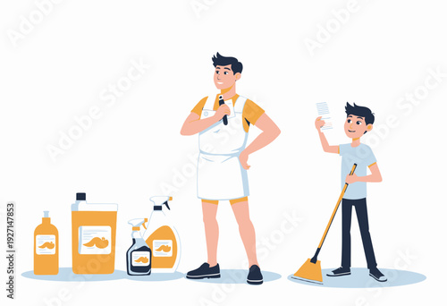 Two Cartoon Characters in a House Cleaning Scene: One Holding a Mop and the Other With Cleaning Products Displayed in Front for a Spring Cleanup