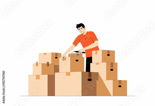 Illustration of a Person Organizing and Taping Various Cardboard Boxes Stacked Together in Preparation for Moving or Shipping