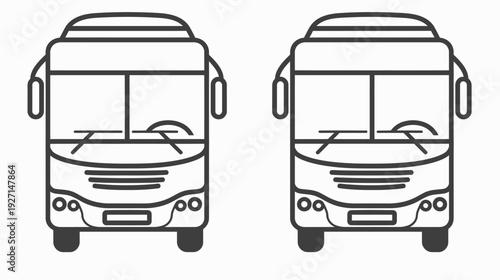 Two black and white line art illustrations of the front of a bus, showing the windshield, headlights