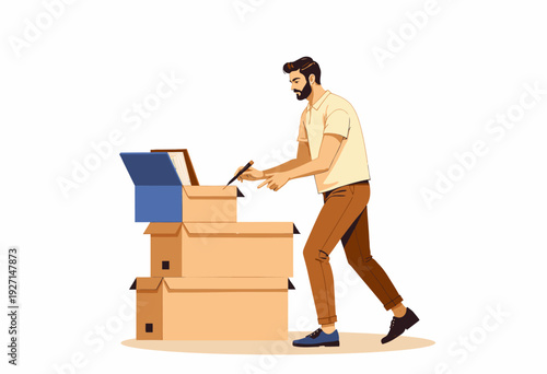 Male figure organizing and packing items into cardboard boxes, preparing for relocation or storage, symbolizing transition and order in personal or professional life