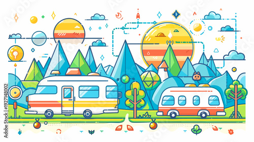 A vibrant flat illustration of two campers with nature elements like sun, clouds, and mountains