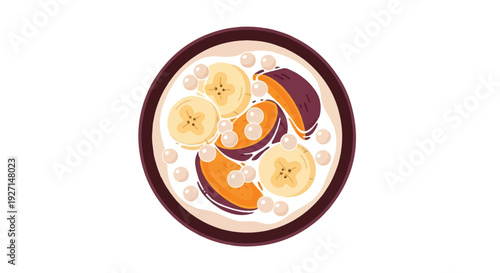 Appetizing Illustration of a Fresh Breakfast Bowl Filled with Ripe Bananas, Juicy Purple Fruits, and Wholesome Toppings