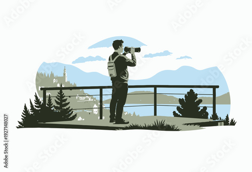 Man with binoculars enjoying panoramic view from hilltop terrace overlooking picturesque village and serene lake surrounded by lush greenery and distant mountains