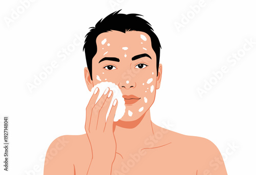 Illustration of a Person Gently Cleansing Facial Skin with a Sponge, Featuring White Dots of Facial Product for Skincare and Beauty Routine Enhancement