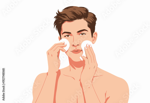 Illustration of a Young Man Gently Cleansing His Face with Cotton Pads for a Refreshing Skincare Routine