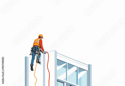 Worker in Safety Gear Hanging on Rope Performing Maintenance on Tall Building Against Clear Sky Background