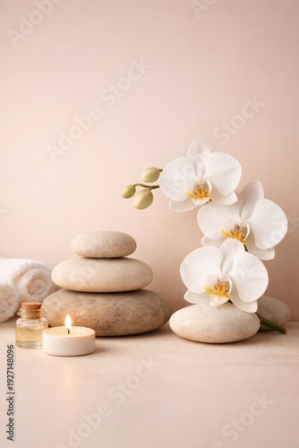 Luxury Spa Background with Orchid Flower and Natural Stone, Minimal Wellness Branding