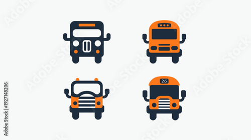 Four stylized school bus illustrations in orange and dark blue color palettes against a white background