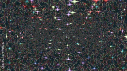 A mesmerizing abstract fractal pattern with vibrant lights and colors from a direct viewpoint