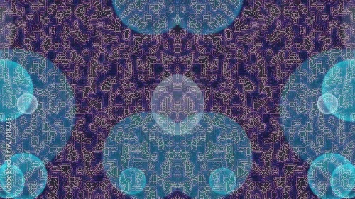 Intricate patterns and shapes form a symmetrical design with floral motifs and abstract elements in a vibrant purple and blue background from a top-down viewpoint