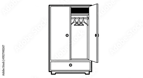 Detailed illustration of a wooden wardrobe with open door and drawer, minimalist design.