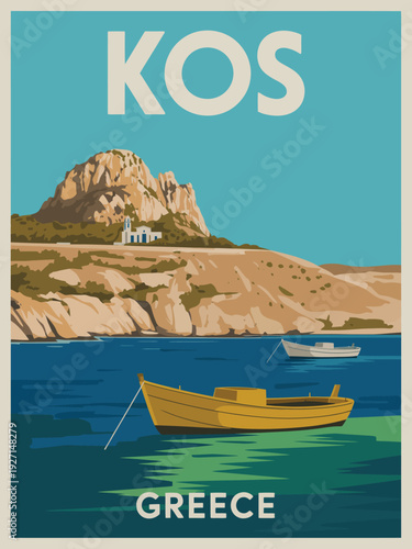 Kos Greece Travel poster, bold white typography on turquoise blue with limestone cliff coast