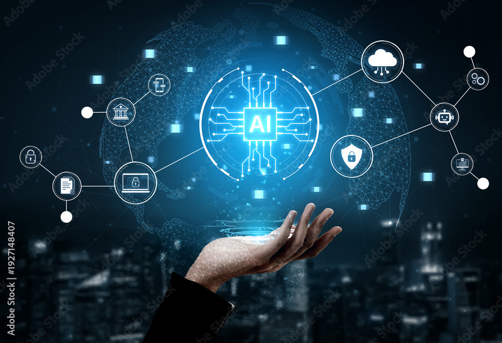 Obraz premium Connected AI platform links cloud services, security, finance and mobile workflows, enabling automation, data analytics and governance for modern digital business. Corpus