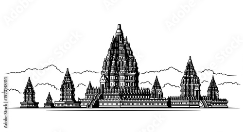 Intricate architectural illustration of the ancient temple complex, detailed artwork.