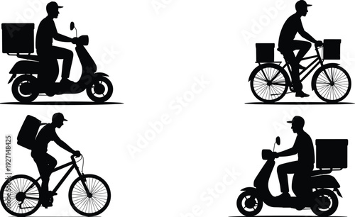 Silhouette delivery riders on bicycles and scooters with boxes, courier service logistics, urban transport, food delivery, shipping, distribution efficiency