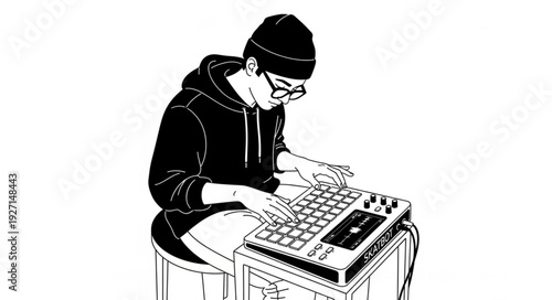 Person engrossed in music production using electronic equipment, creating sounds.