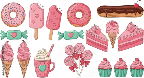 A delightful collection of various pink confectionery items including donuts ice cream bars eclairs lollipops cupcakes slices of cake and wrapped candies perfect for sweet celebrations.