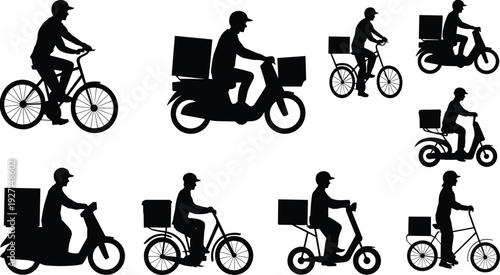 Silhouette delivery riders on bicycles, scooters, mopeds with boxes, courier service logistics, urban transport, food delivery, shipping, distribution efficiency