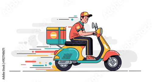 Dynamic illustration of a speedy delivery rider on a motor scooter, quickly transporting a package for efficient service and modern logistics