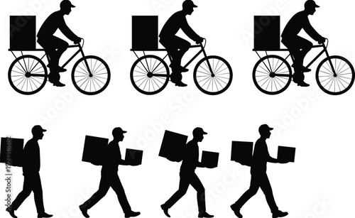Silhouette delivery workers riding bicycles and walking with packages, courier service logistics, urban transportation, shipping, distribution, supply chain efficiency