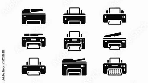 Set of modern printer vector illustration icons in flat design style, scalable graphic