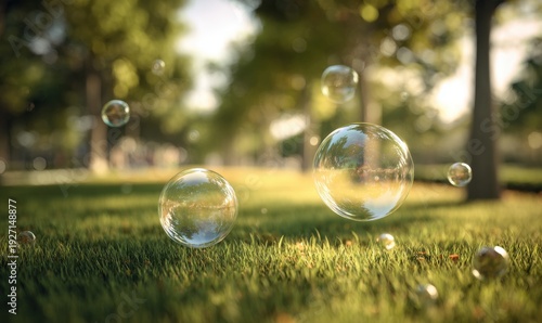 Two bubbles are floating in the air in a grassy field