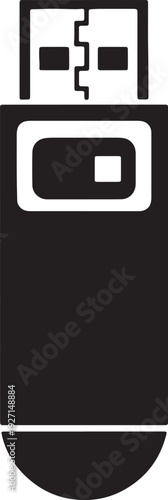 Black and white of a u s b flash drive with a rectangular body and a metallic connector also transparent background