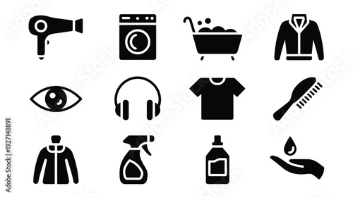 Set of six modern black and white vector icons including hairdryer, washing machine, eye, headphones, jacket, and spray bottle vector illustration