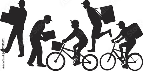 Silhouette delivery workers walking, cycling, running with boxes, courier service logistics, urban transport, food delivery, shipping, distribution efficiency