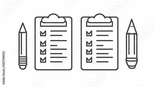 Monochrome illustration of two clipboards with checklists and two pencils, isolated on white