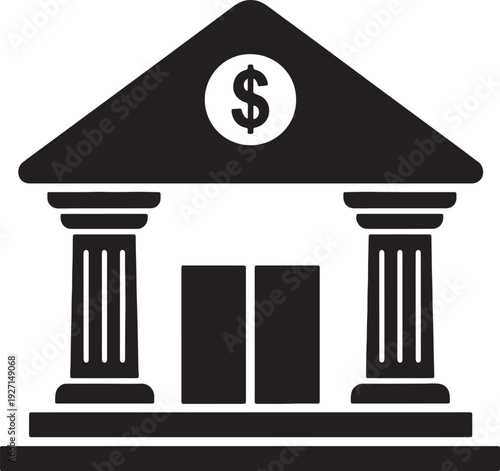 Black silhouette of a bank building with columns and a dollar sign on a white background also transparent background
