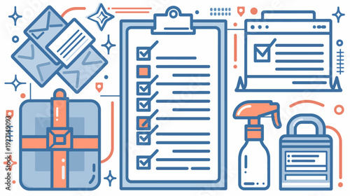 Flat vector illustration with checklist, gift, envelopes, web browser, spray bottle, and more