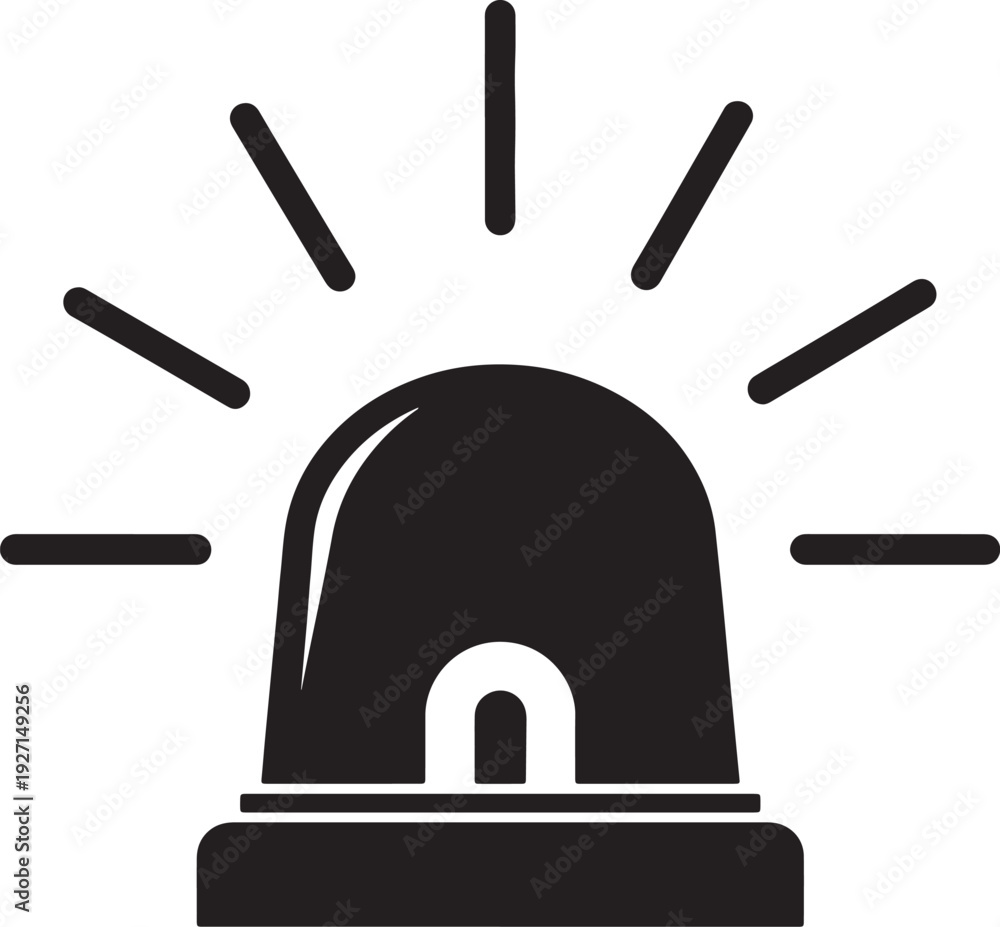 Fototapeta premium Black silhouette of a flashing emergency beacon light with radiating lines also transparent background