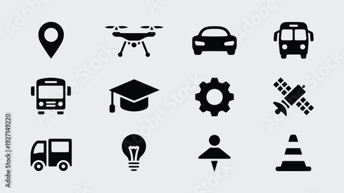 Six black vector icons of location marker, drone, bus, graduation cap, delivery truck and light bulb on gray background vector illustration