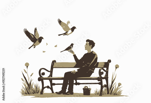 Young man sitting on a park bench feeding birds with gentle gestures in a serene outdoor setting surrounded by nature and tranquility