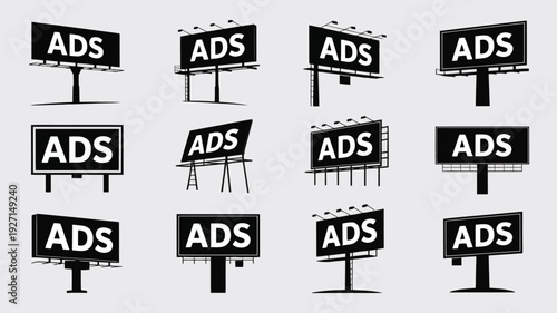 Six different billboards with 'ADS' text vector illustration, flat design, scalable graphic