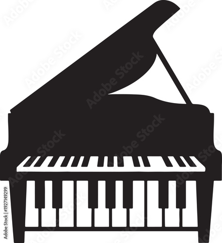 Black silhouette of a grand piano with open lid and visible keyboard also transparent background musical instrument