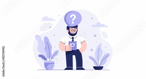 A man with a question mark above his head stands between two potted plants