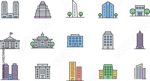 Stylized architecture building illustrations set, skyscrapers, government, residential apartments, urban planning, institutional structures, design diversity, cityscape icons