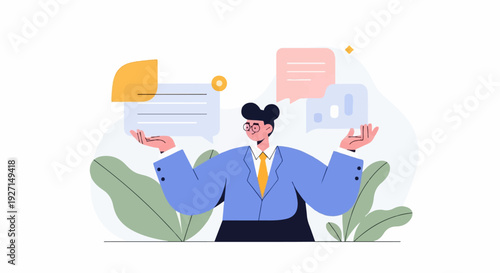 A person in a blue suit gestures with hands holding speech bubbles, surrounded by abstract shapes and plants