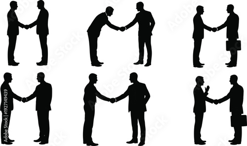 Set of business people silhouettes shaking hands representing professional partnership agreement corporate networking successful deal collaboration office greeting