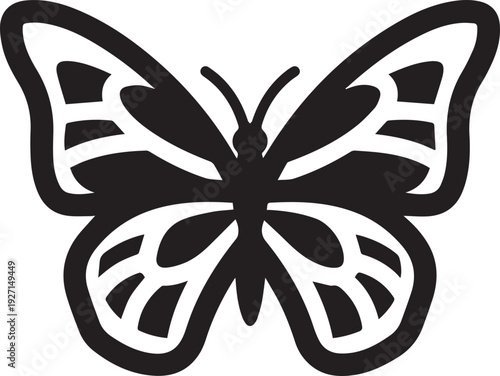 A black and white illustration of a butterfly with intricate wing patterns viewed from the front