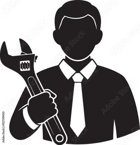 Black silhouette of a man in a suit holding an adjustable wrench also transparent background white