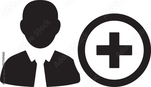 Black silhouette of a person in a suit and tie next to a black circle with a white cross inside also transparent background