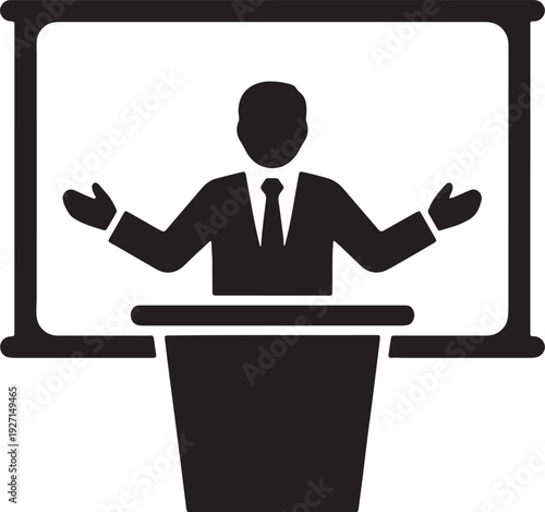 Black silhouette of a man in a suit and tie standing at a podium in front of a whiteboard also transparent background