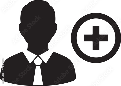 Black silhouette of a person in a suit with a tie next to a black plus sign inside a circle also transparent background